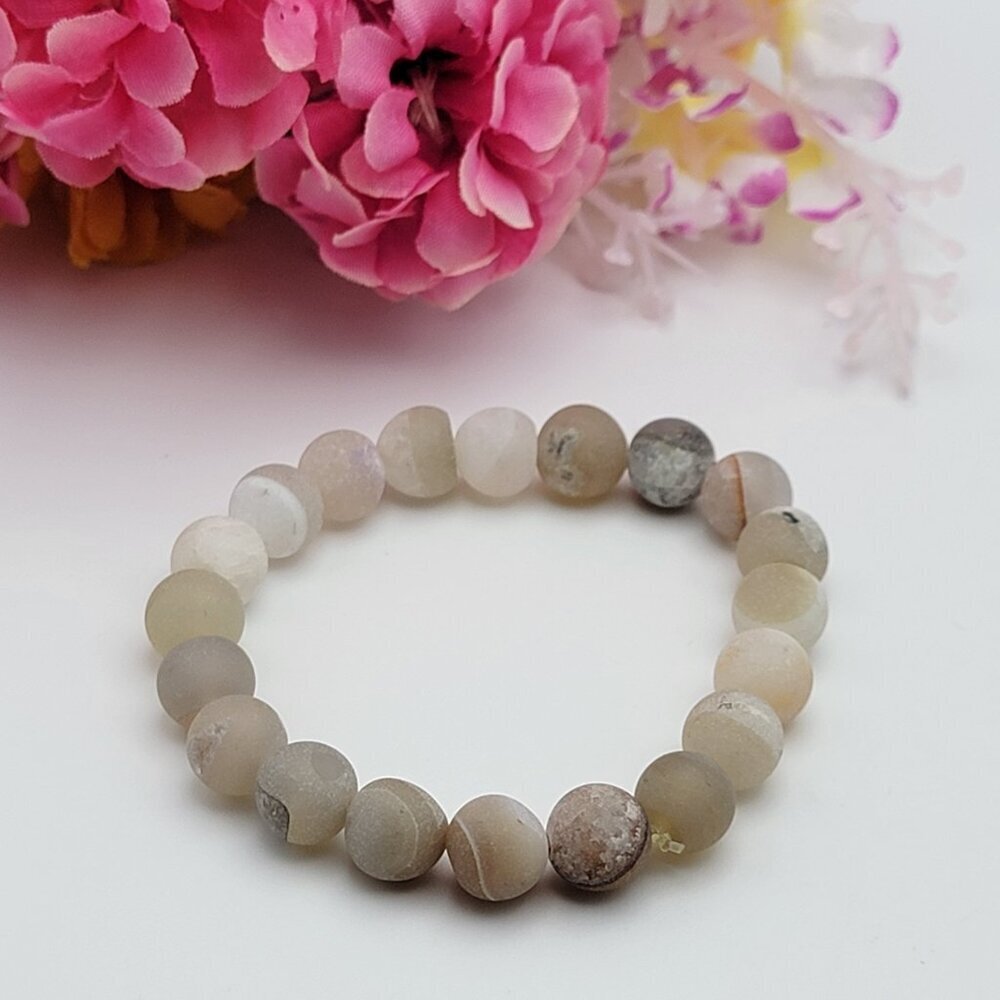 Druzy Agate Bracelet 7 Inch Adjustable Stretch Earth Tone 10mm Ball Bead
